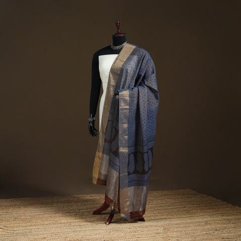 Blue - Bagh Hand Block Print Natural Dyed Tissue Zari Chanderi Silk Dupatta 08