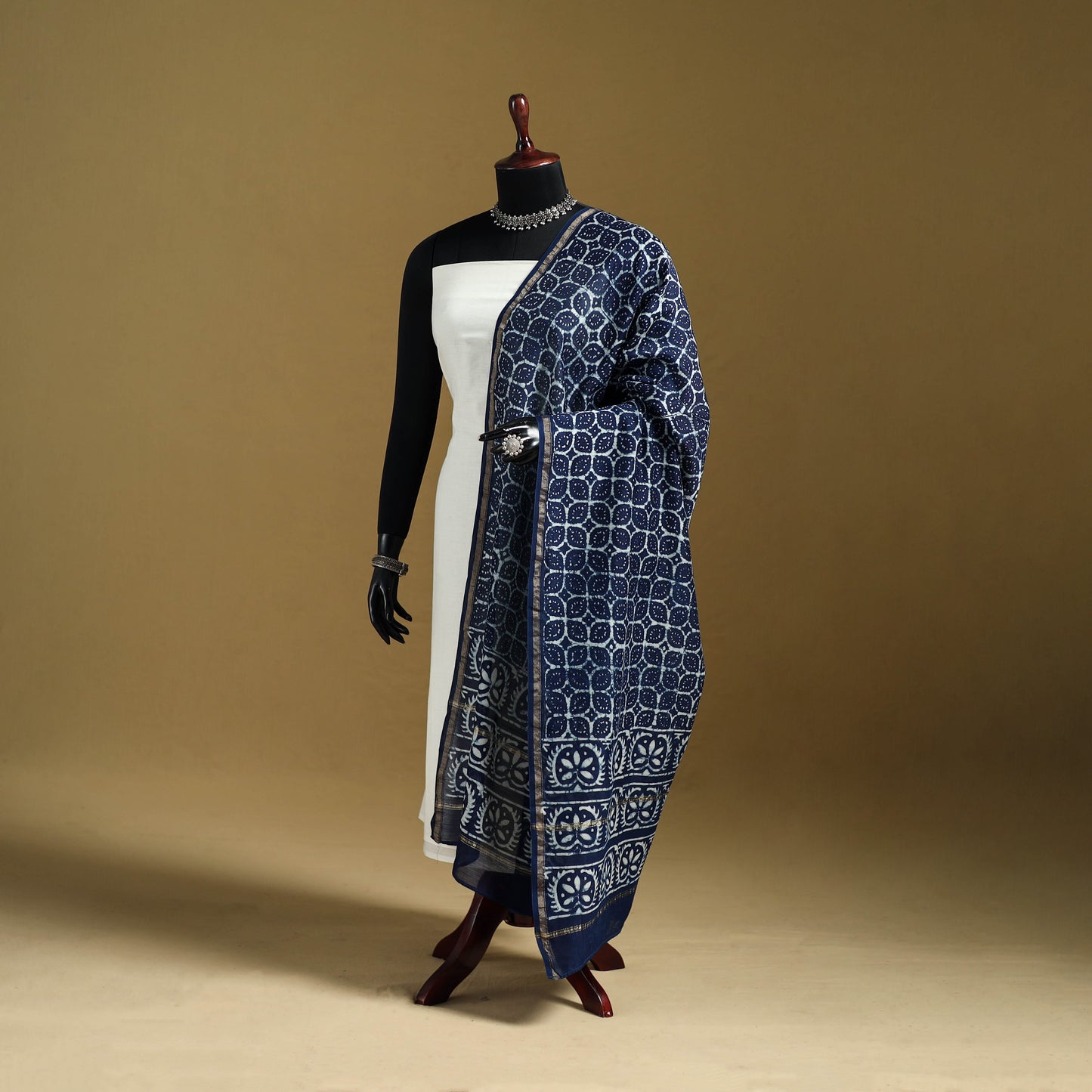 Blue - Pipad Hand Block Print Natural Dyed Chanderi Silk Handloom Dupatta 01