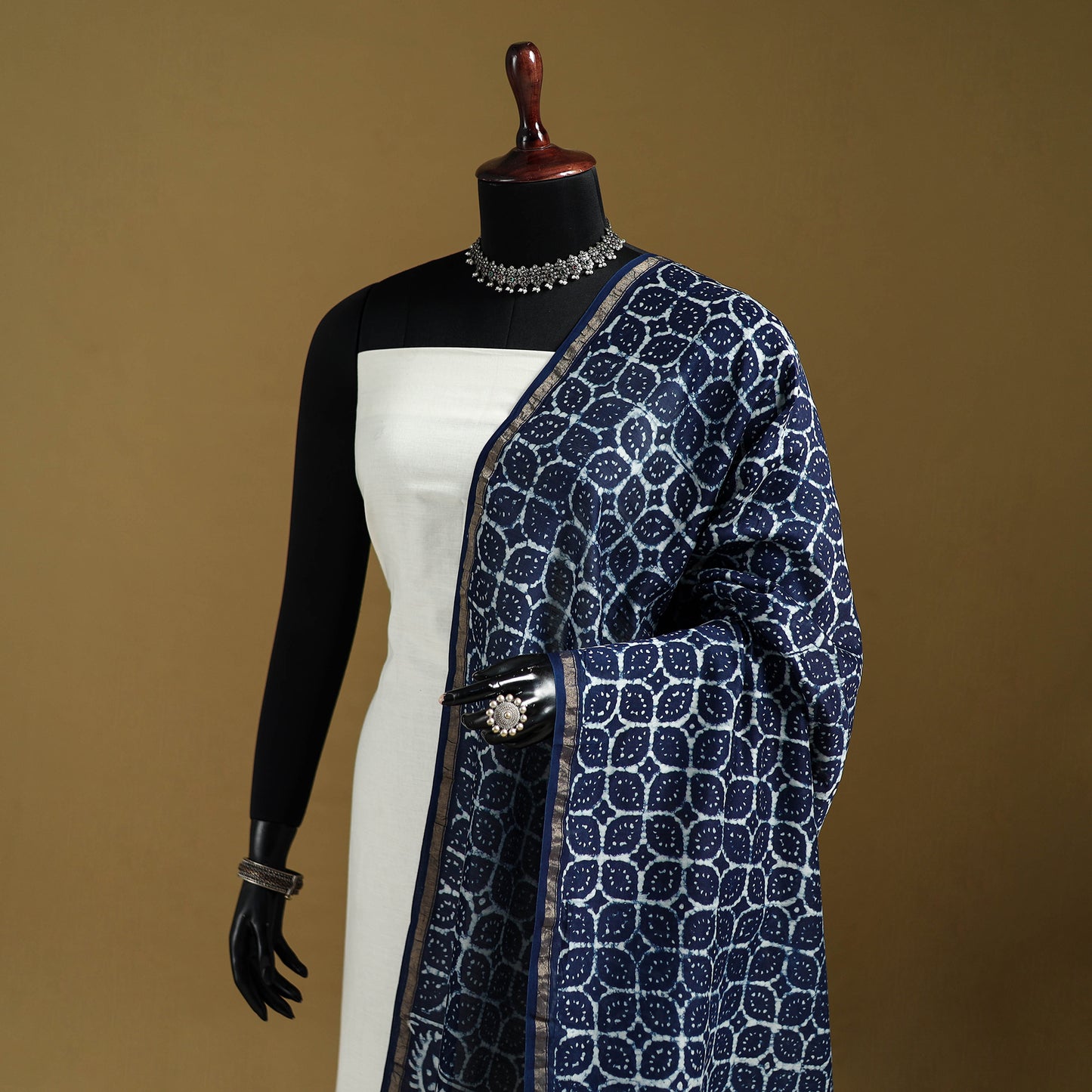 Blue - Pipad Hand Block Print Natural Dyed Chanderi Silk Handloom Dupatta 01