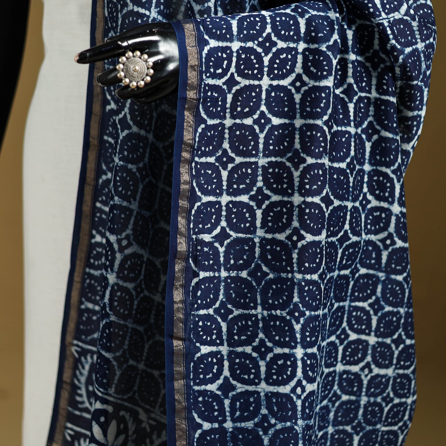 Blue - Pipad Hand Block Print Natural Dyed Chanderi Silk Handloom Dupatta 01