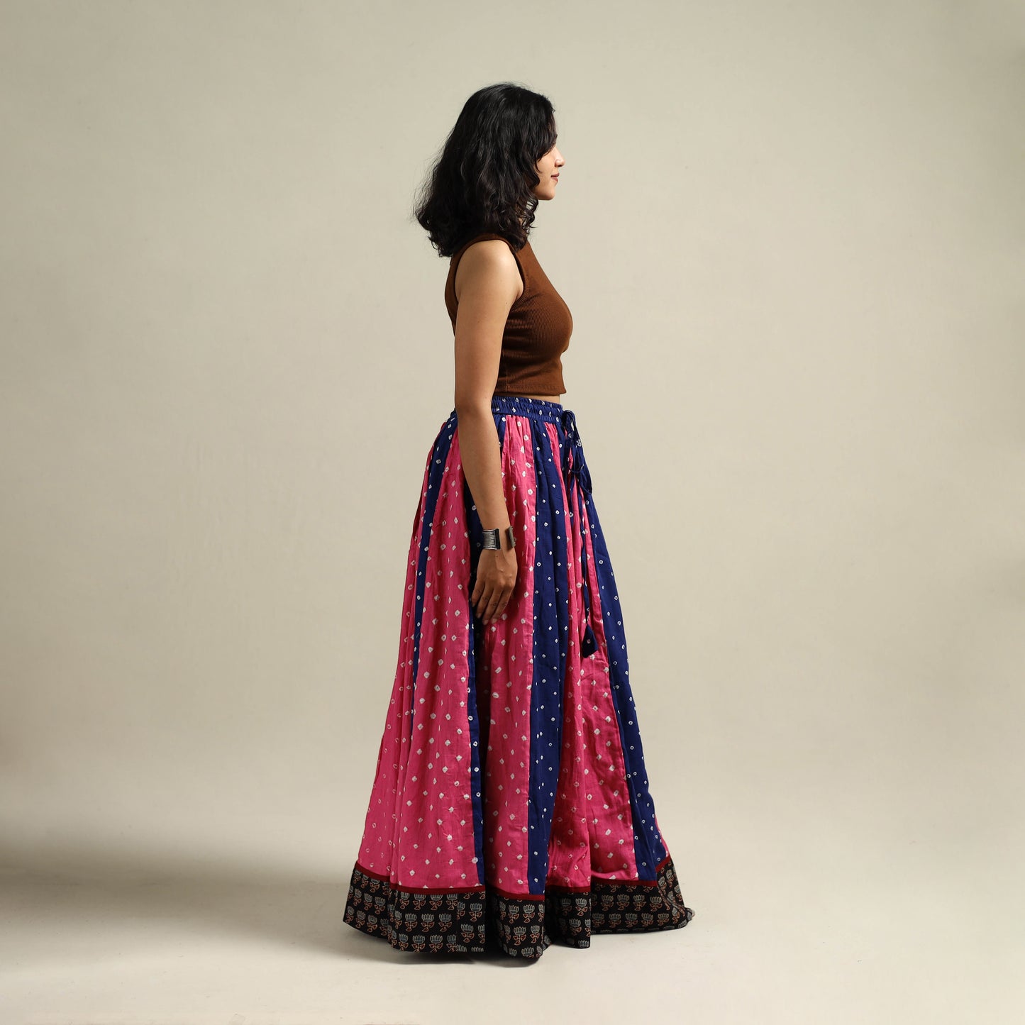 Multicolor - Bandhani Tie-Dye 24 Kali Patchwork Cotton Long Skirt 06