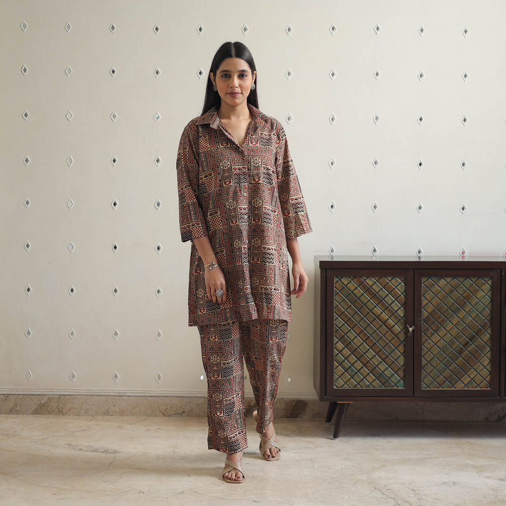 Brown - Block Printed Cotton Ajrakh Co-ord Set 07