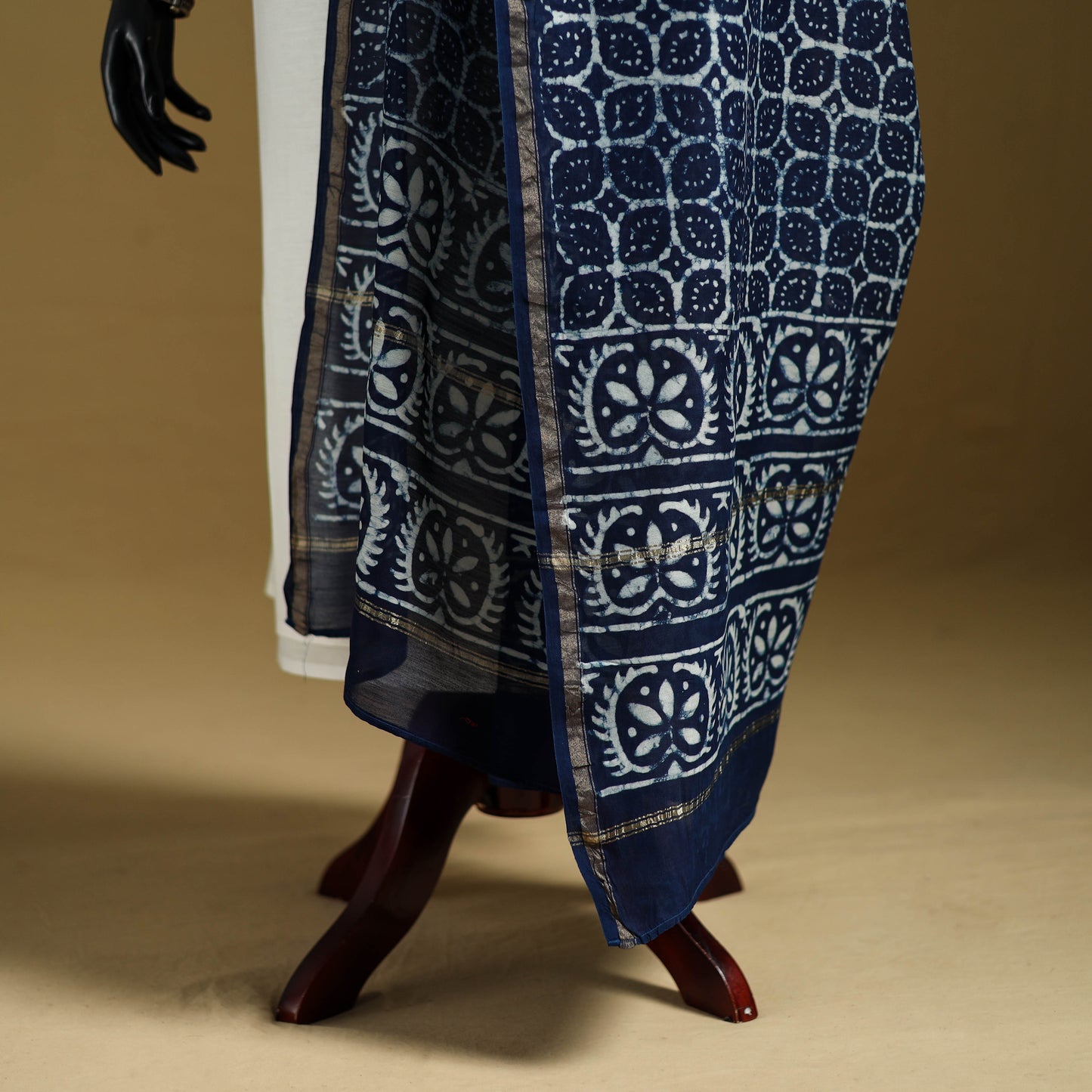 Blue - Pipad Hand Block Print Natural Dyed Chanderi Silk Handloom Dupatta 01