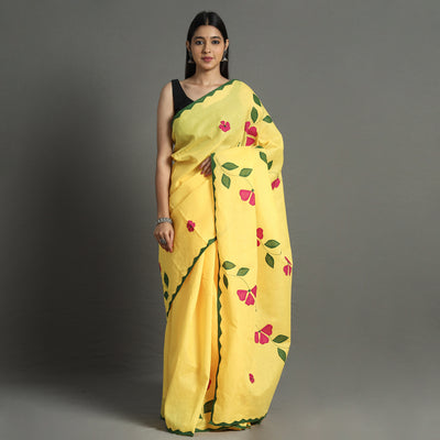 Yellow - Applique Patti Kaam Pure Cotton Saree from Rampur 21