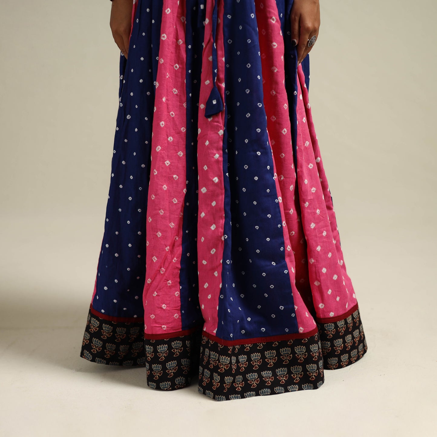 Multicolor - Bandhani Tie-Dye 24 Kali Patchwork Cotton Long Skirt 06