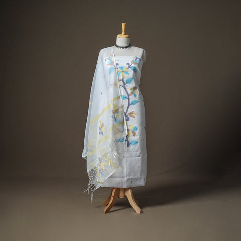 White - Jamdani Pure Handloom Muslin Unstitched Dress Material: Kurta with Dupatta 20