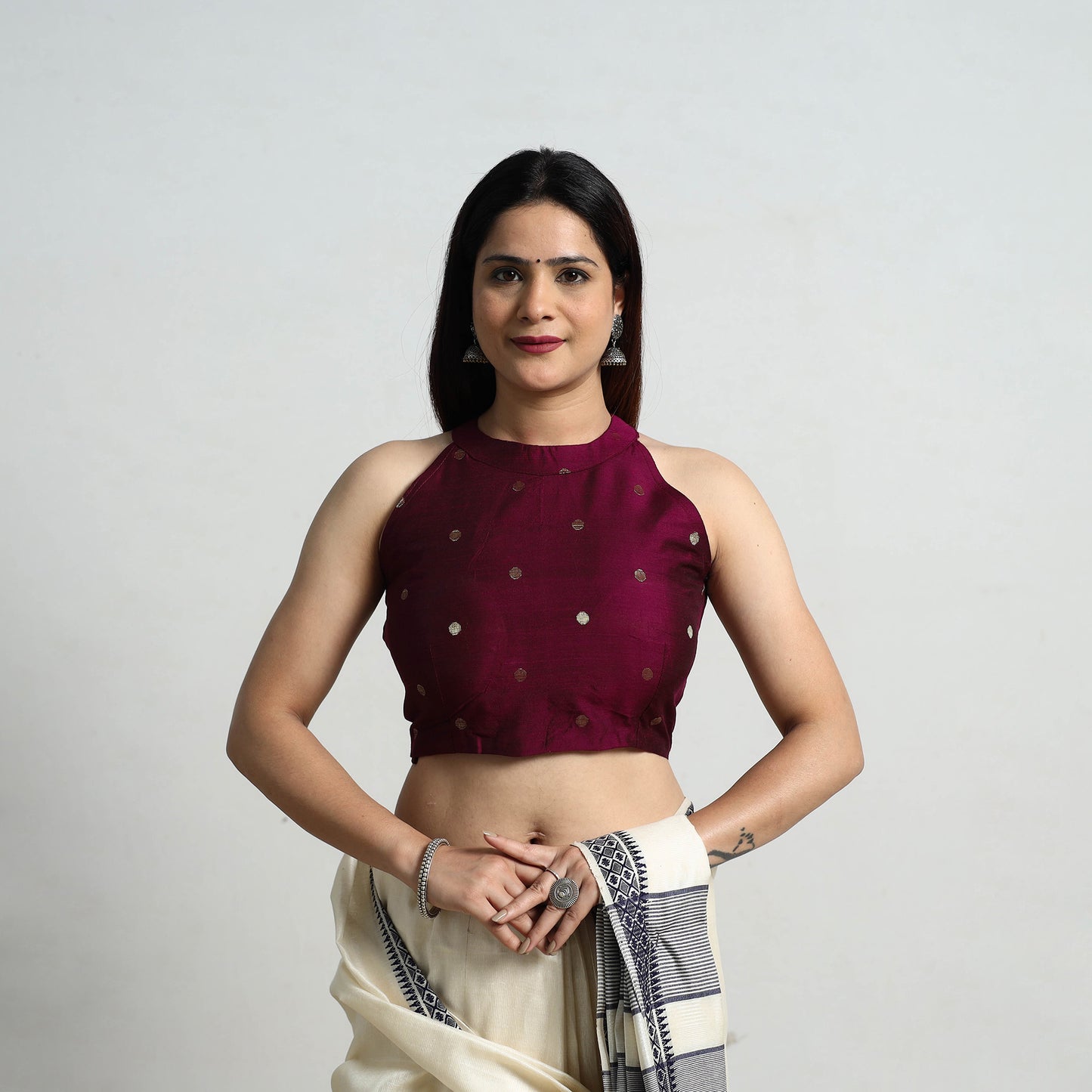 Purple - Polka Dot Zari Buti Silk Stitched Plain Blouse 15