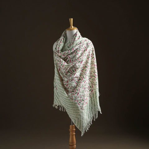 Floral sanganeri print pure merino wool handwoven shawl 72
