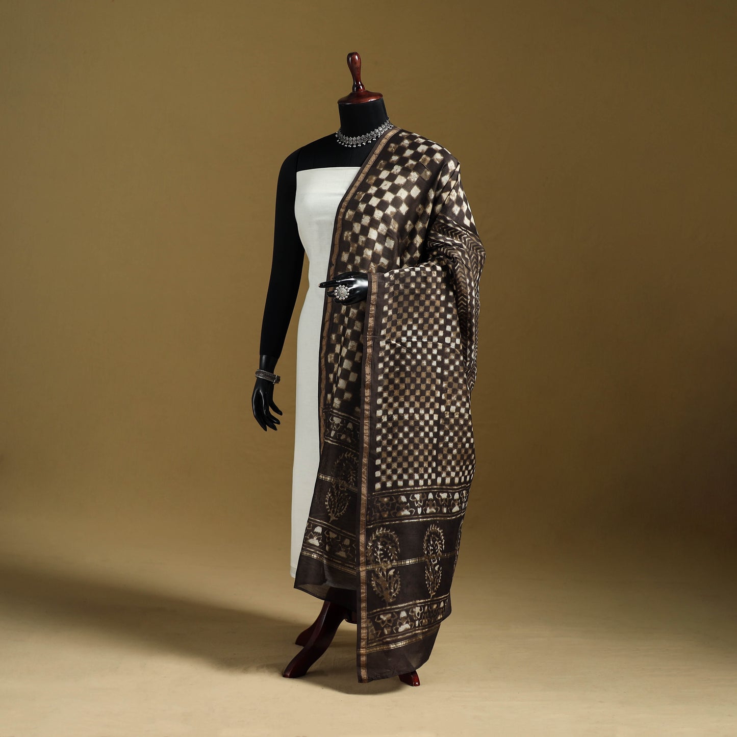 Brown - Pipad Hand Block Print Natural Dyed Chanderi Silk Handloom Dupatta 02