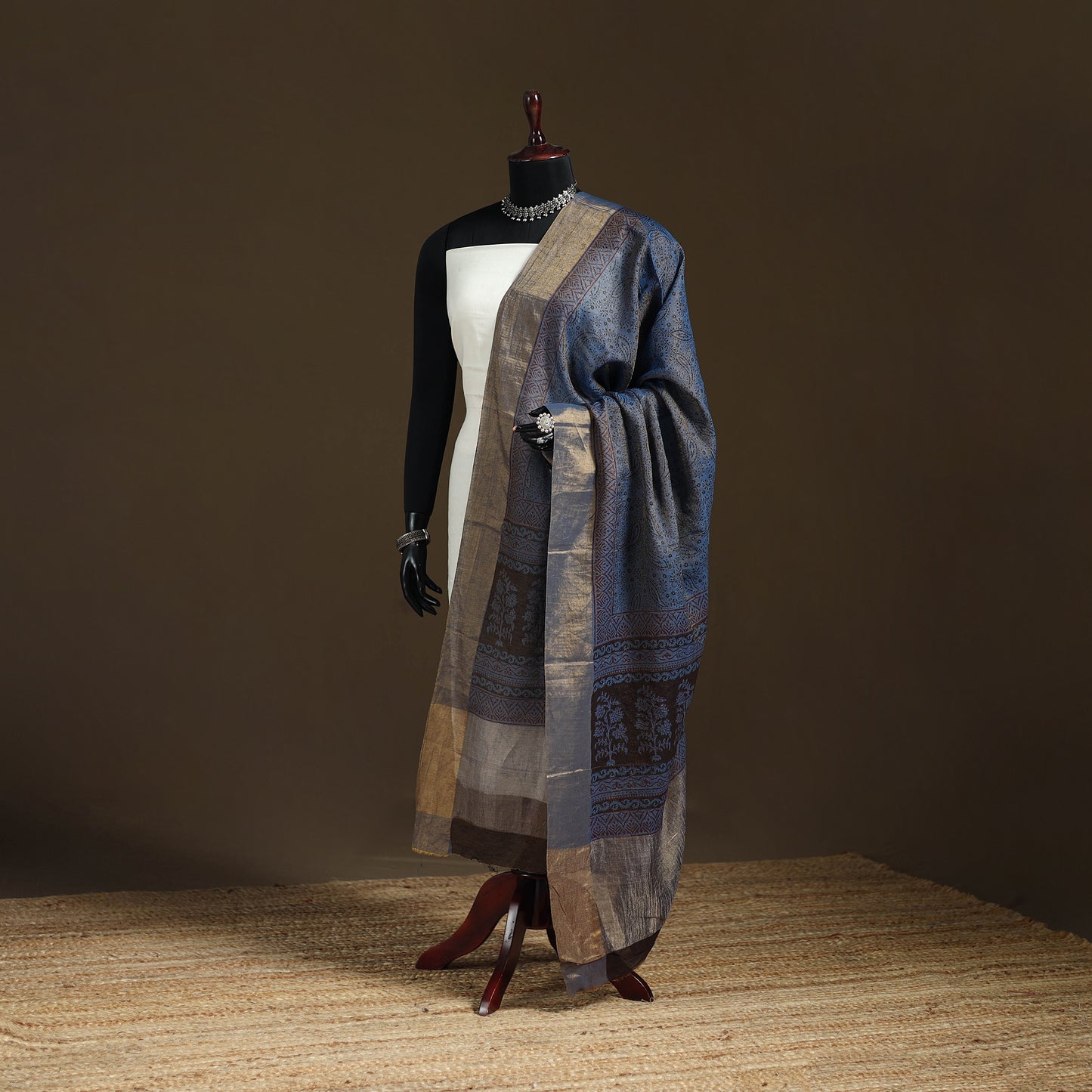 Bagh Hand Block Print Natural Dyed Tissue Zari Chanderi Silk Dupatta 09