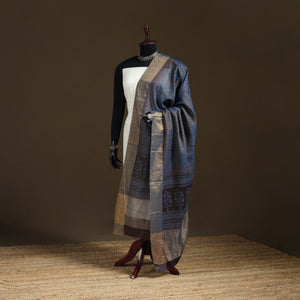 Blue - Bagh Hand Block Print Natural Dyed Tissue Zari Chanderi Silk Dupatta 09