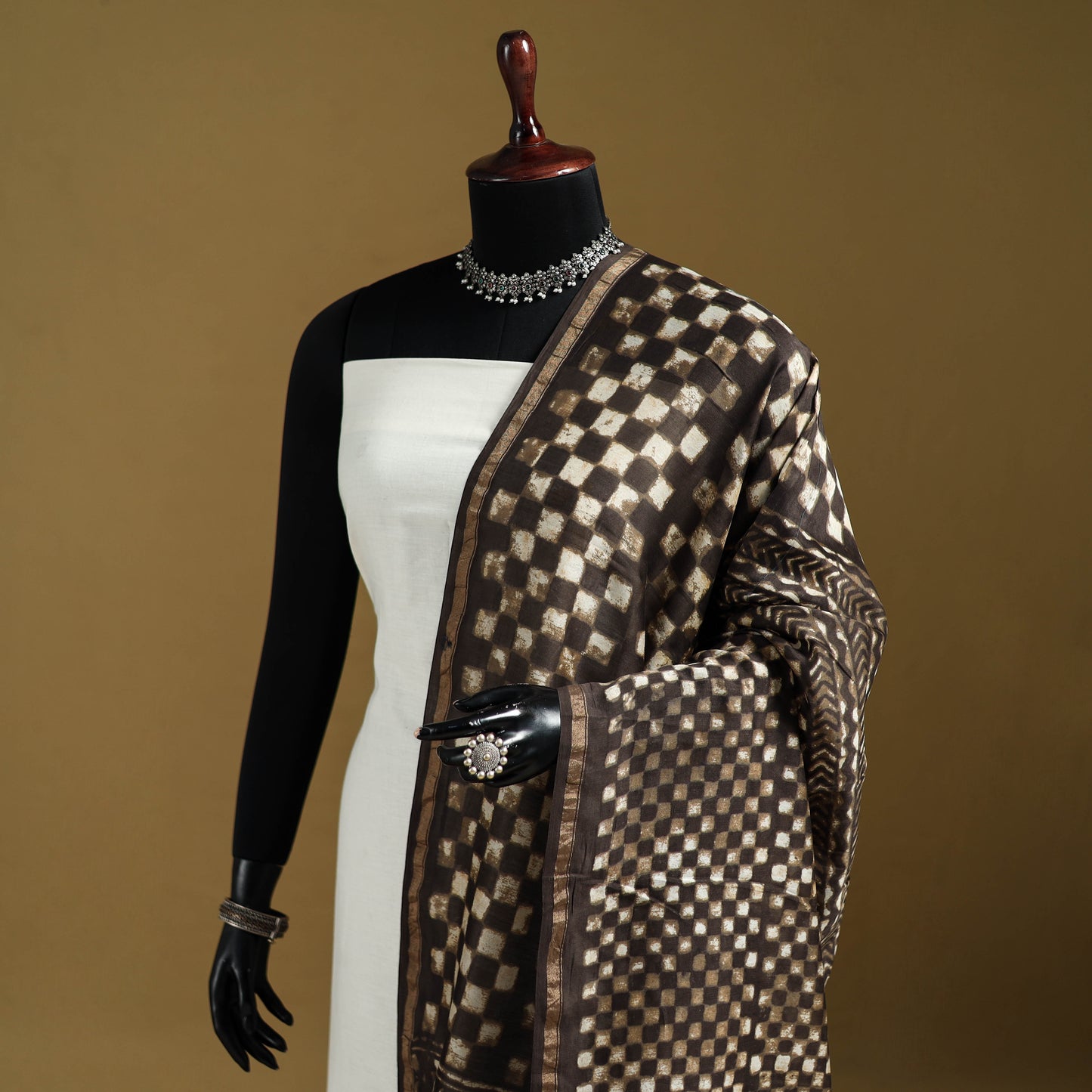 Brown - Pipad Hand Block Print Natural Dyed Chanderi Silk Handloom Dupatta 02