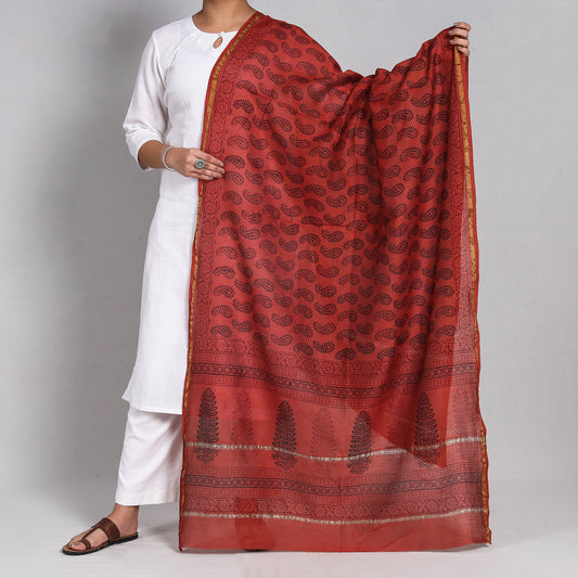 Red - Bagh Block Printed Chanderi Silk Handloom Dupatta