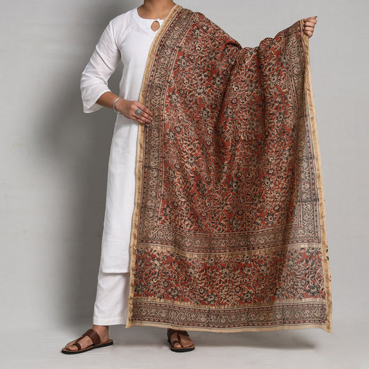 Multicolor - Pedana Kalamkari Block Printed Chanderi Silk Handloom Dupatta with Zari Border