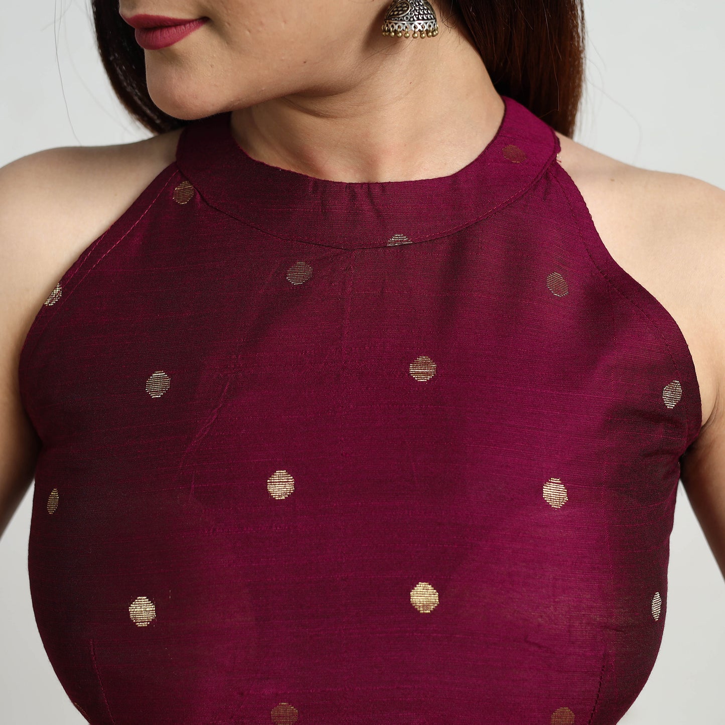 Purple - Polka Dot Zari Buti Silk Stitched Plain Blouse 15
