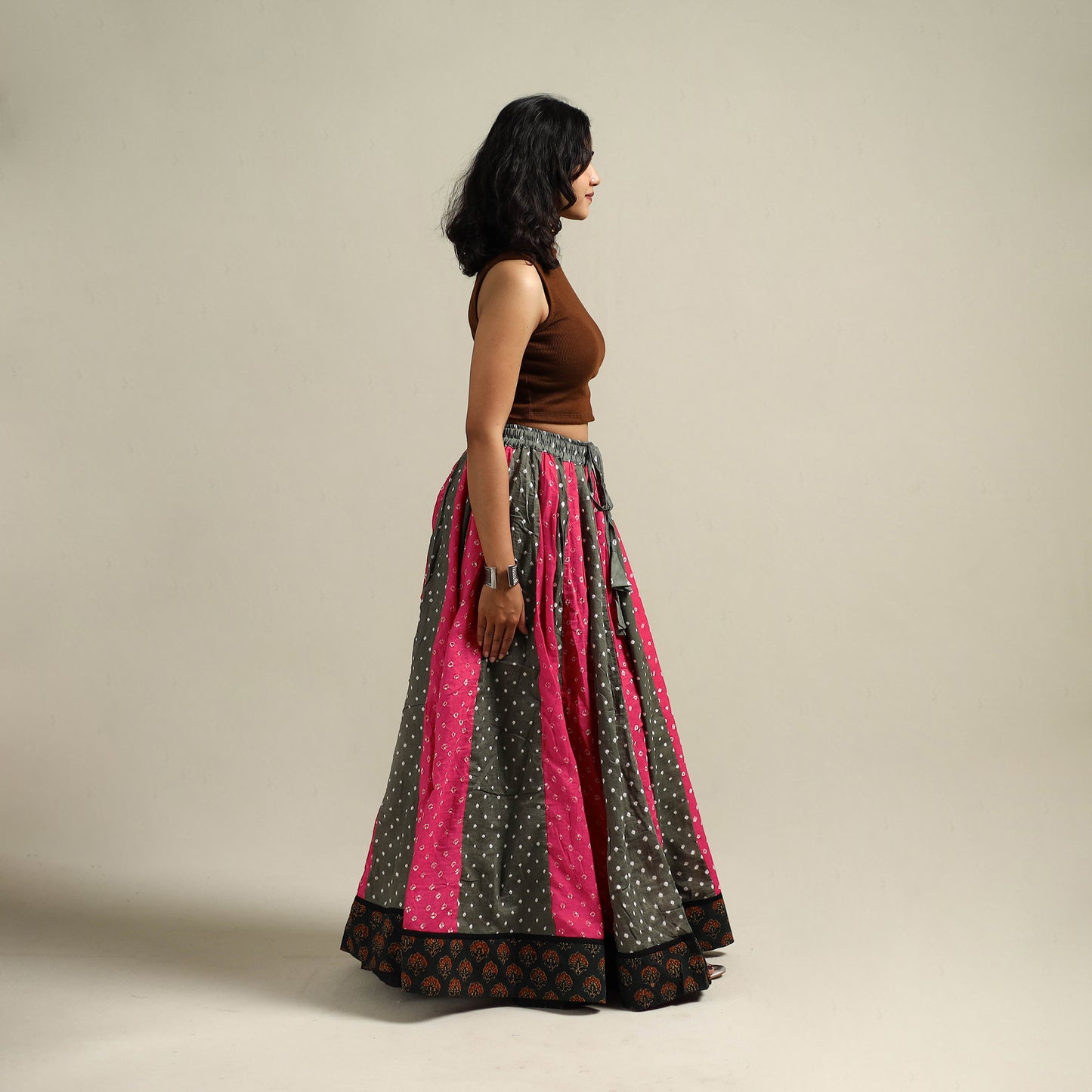 Multicolor - Bandhani Tie-Dye 24 Kali Patchwork Cotton Long Skirt 07