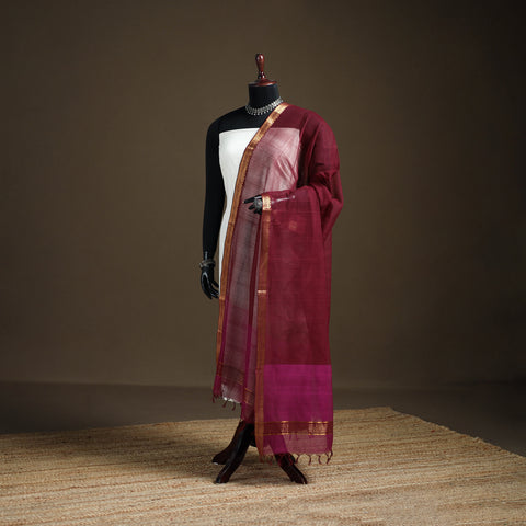 Maroon - Pure Handloom Cotton Nizam Zari Border Mangalagiri Dupatta 08