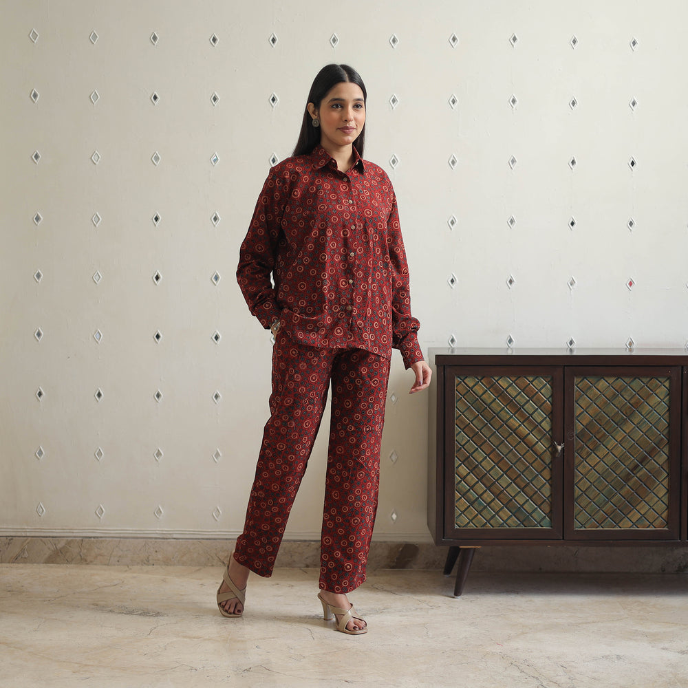 Red - Block Printed Cotton Ajrakh Co-ord Set 06