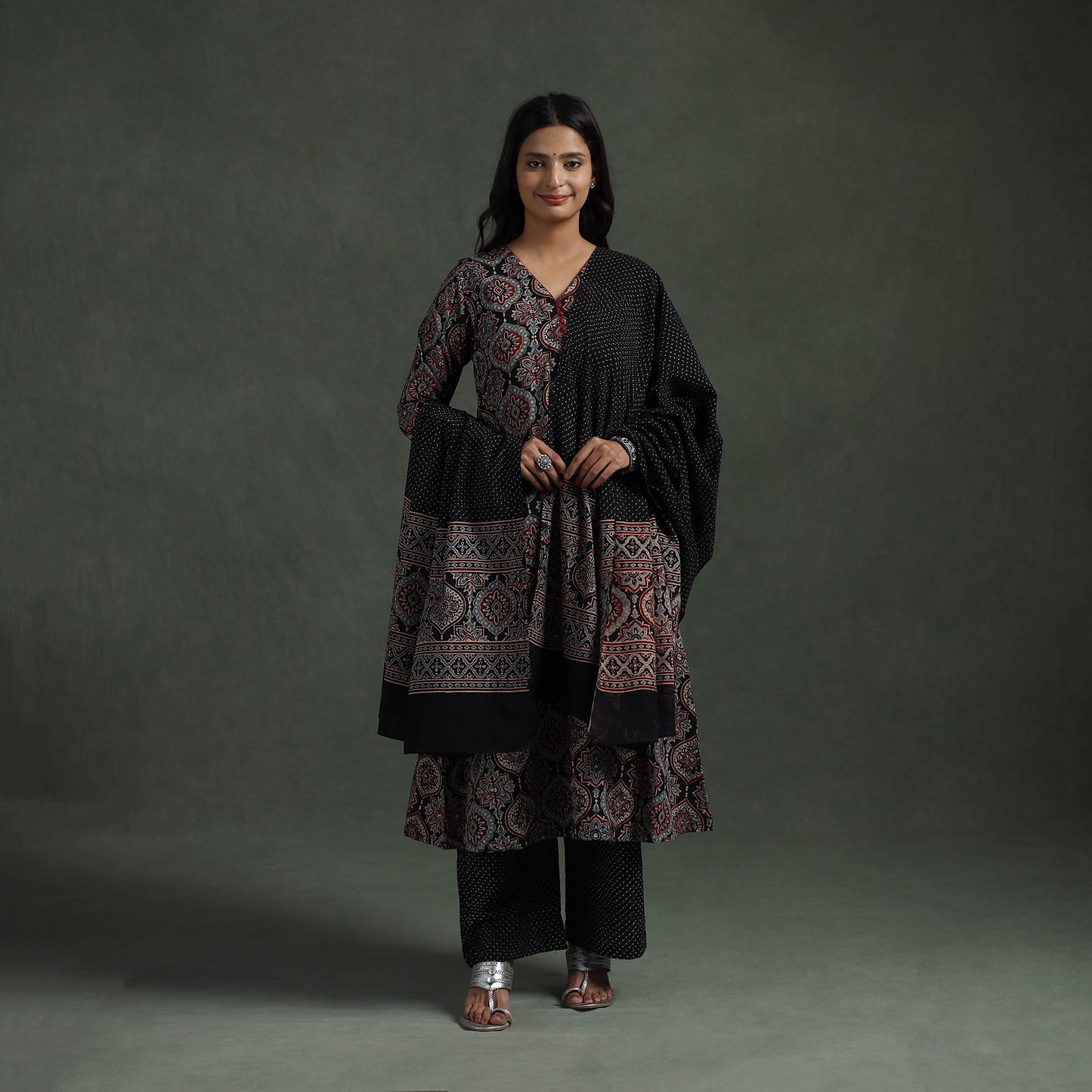 Ajrakh Hand Block Print Natural Dyed Cotton Suit Set with Dupatta for women 07