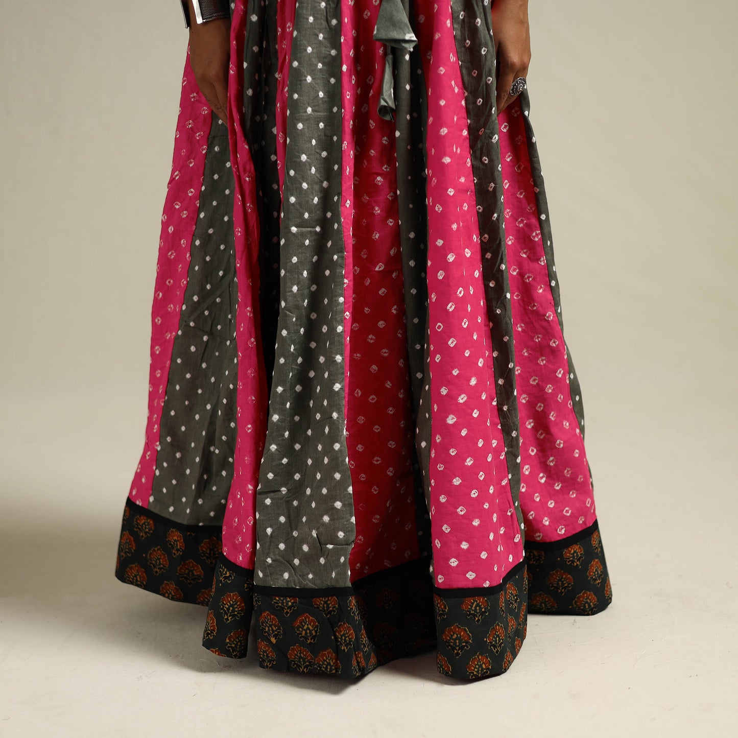 Multicolor - Bandhani Tie-Dye 24 Kali Patchwork Cotton Long Skirt 07