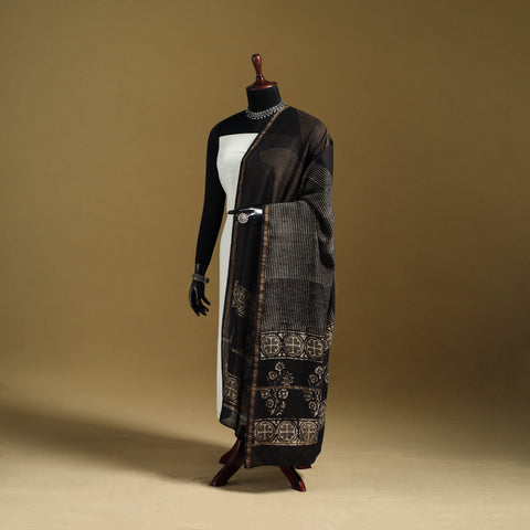 Black - Pipad Hand Block Print Natural Dyed Chanderi Silk Handloom Dupatta 03