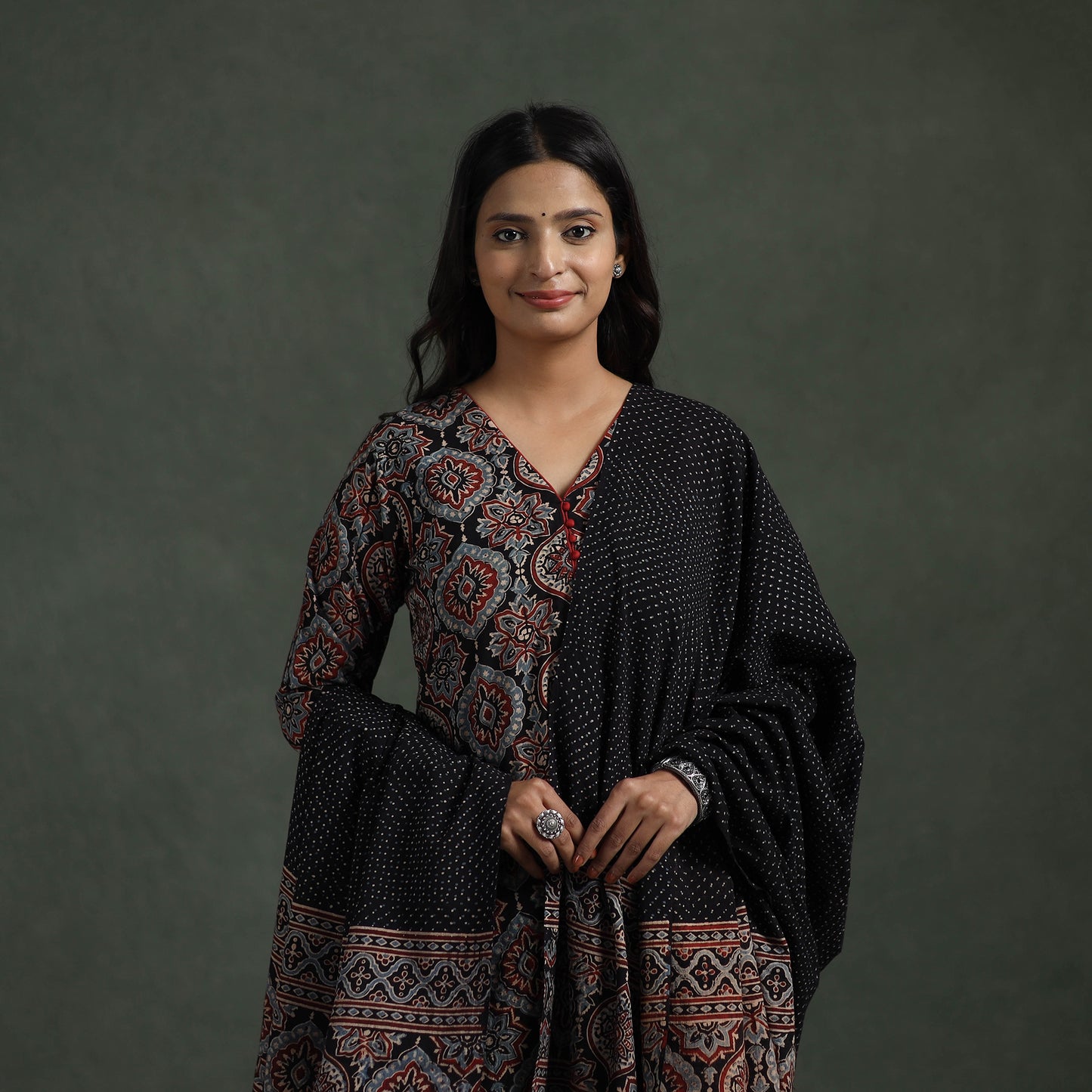 Ajrakh Hand Block Print Natural Dyed Cotton Suit Set with Dupatta for women 07