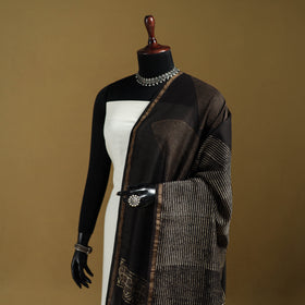 Black - Pipad Hand Block Print Natural Dyed Chanderi Silk Handloom Dupatta 03