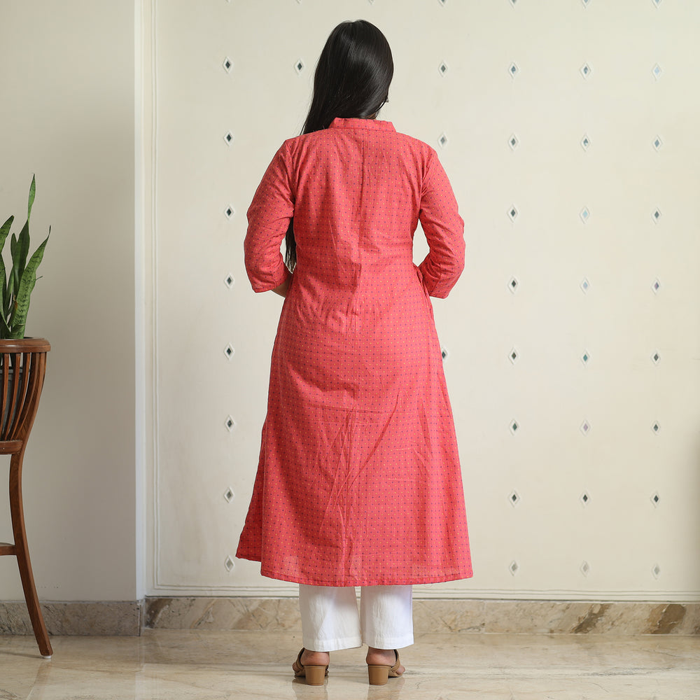 Pink - Jacquard Weave Cotton A-Line Kurta 08