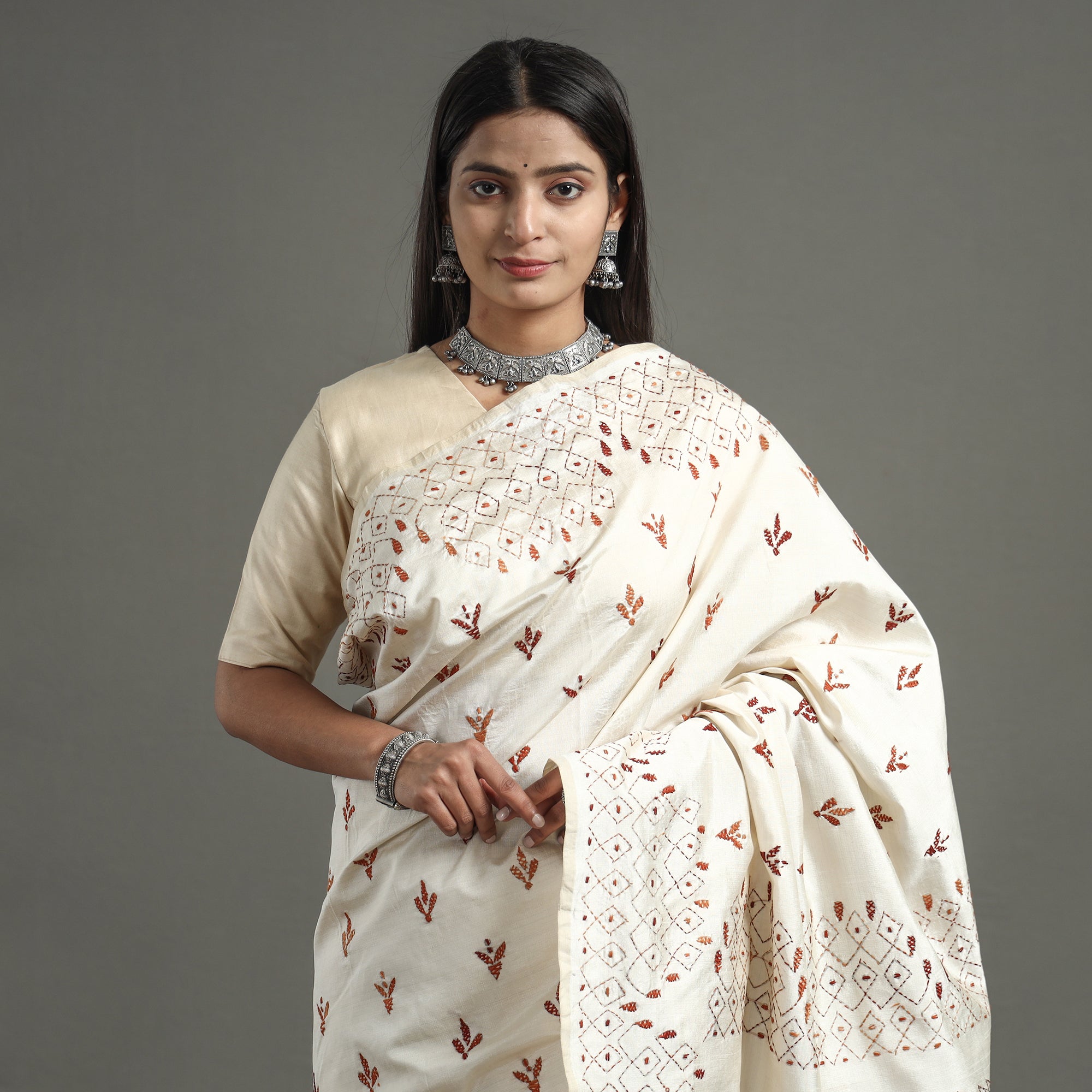 Silk Batik Printing and Nakshi Kantha Stitched Saree – Weavers Studio