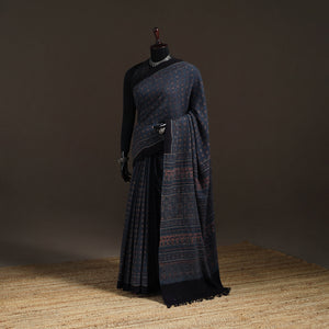 Blue - Handwoven Merino Wool Natural Dyed Hand Block Print Ajrakh Saree 07