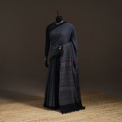 Handwoven Merino Wool Natural Dyed Hand Block Print Ajrakh Saree 07