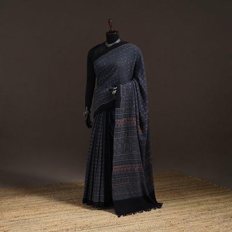 Handwoven Merino Wool Natural Dyed Hand Block Print Ajrakh Saree 07