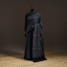 Handwoven Merino Wool Natural Dyed Hand Block Print Ajrakh Saree 07