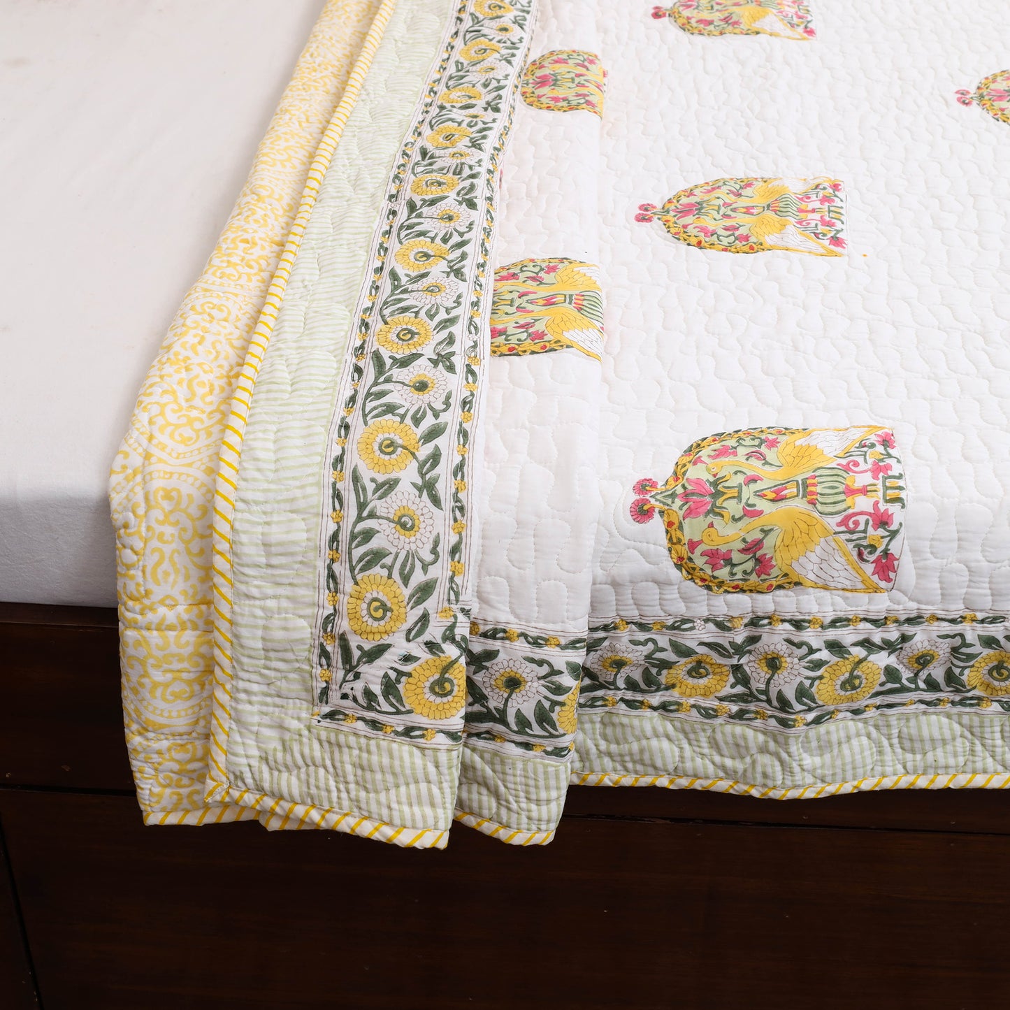 Double - Reversible Sanganeri Block Print Cotton Quilt Set 03