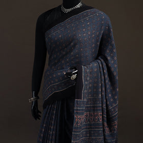 Handwoven Merino Wool Natural Dyed Hand Block Print Ajrakh Saree 07