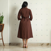 Brown - Plain Flex Cotton Collared Neck Buttoned Down Dress