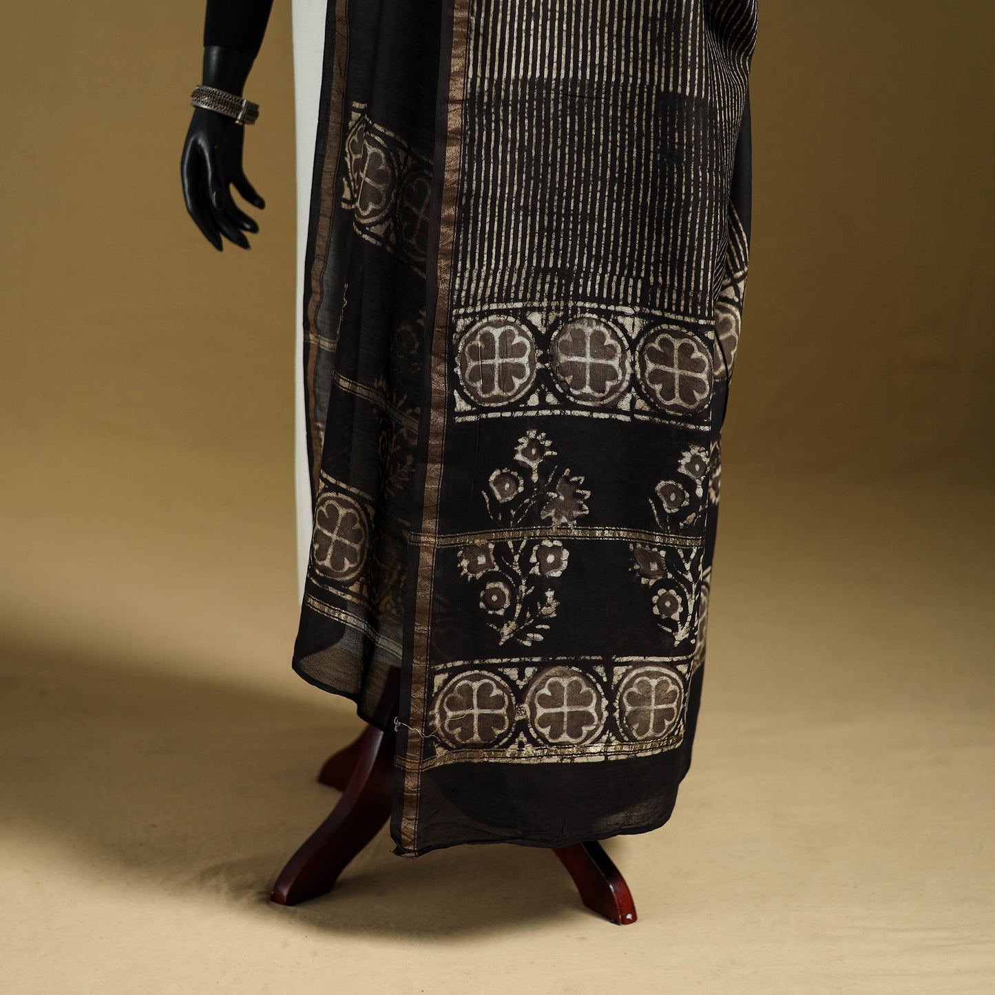 Black - Pipad Hand Block Print Natural Dyed Chanderi Silk Handloom Dupatta 03
