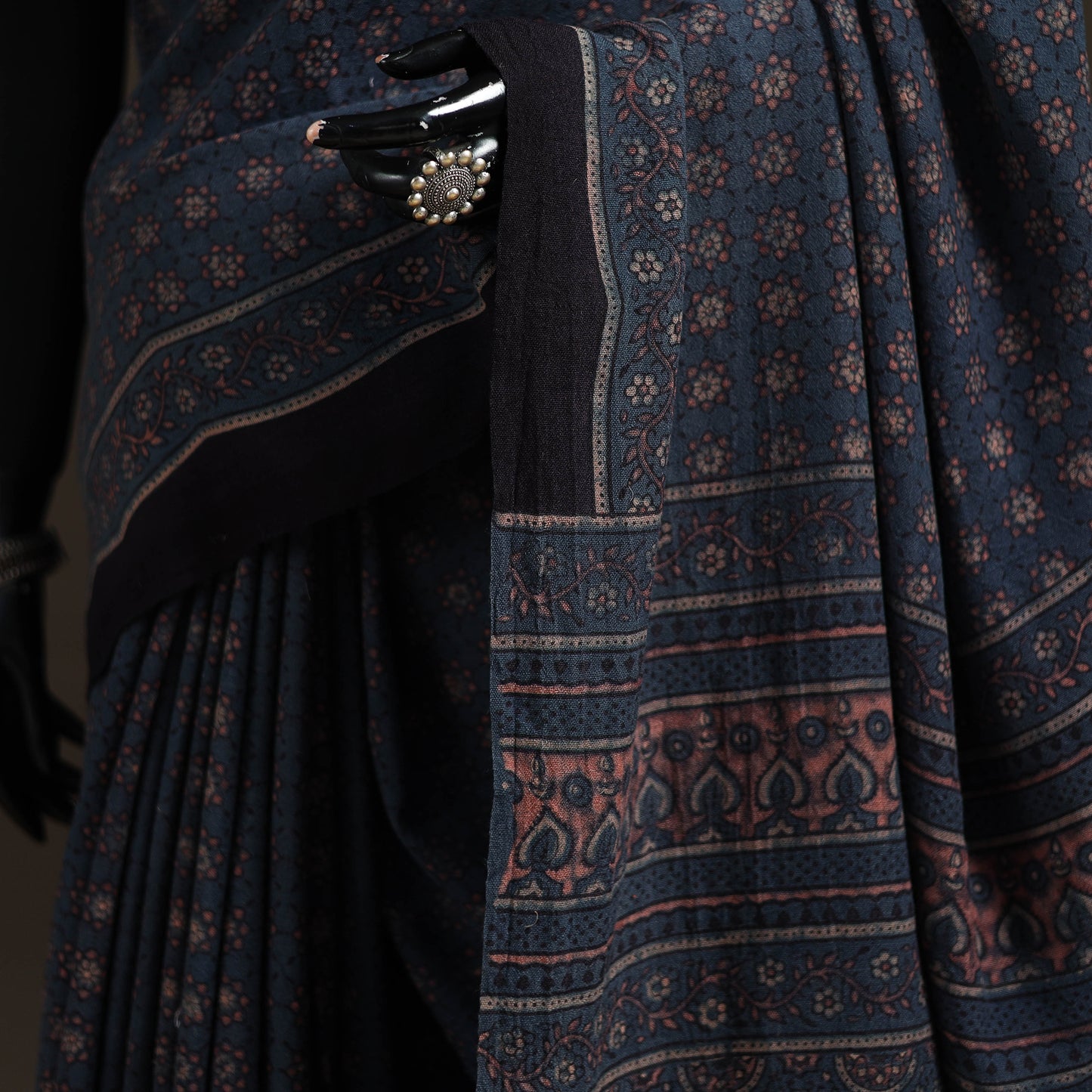 Handwoven Merino Wool Natural Dyed Hand Block Print Ajrakh Saree 07
