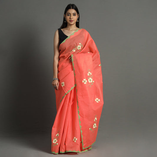 Orange - Applique Patti Kaam Pure Cotton Saree from Rampur 31