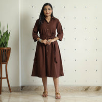 Brown - Plain Flex Cotton Collared Neck Buttoned Down Dress