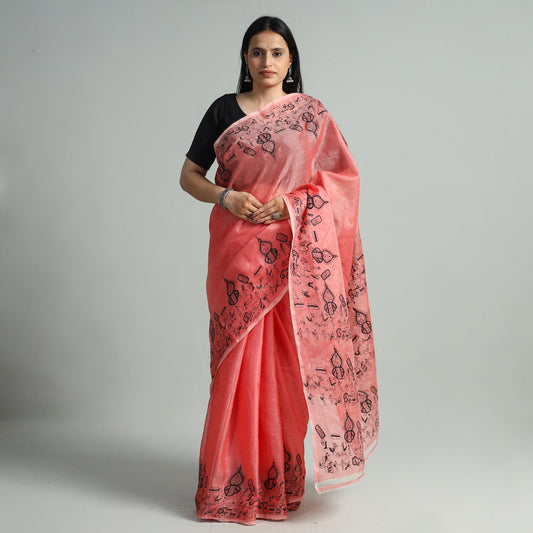 Pink - Bengal Kantha Hand Embroidery Tussar Silk Handloom Saree 94