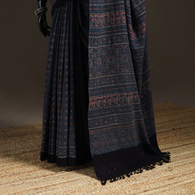 Handwoven Merino Wool Natural Dyed Hand Block Print Ajrakh Saree 07