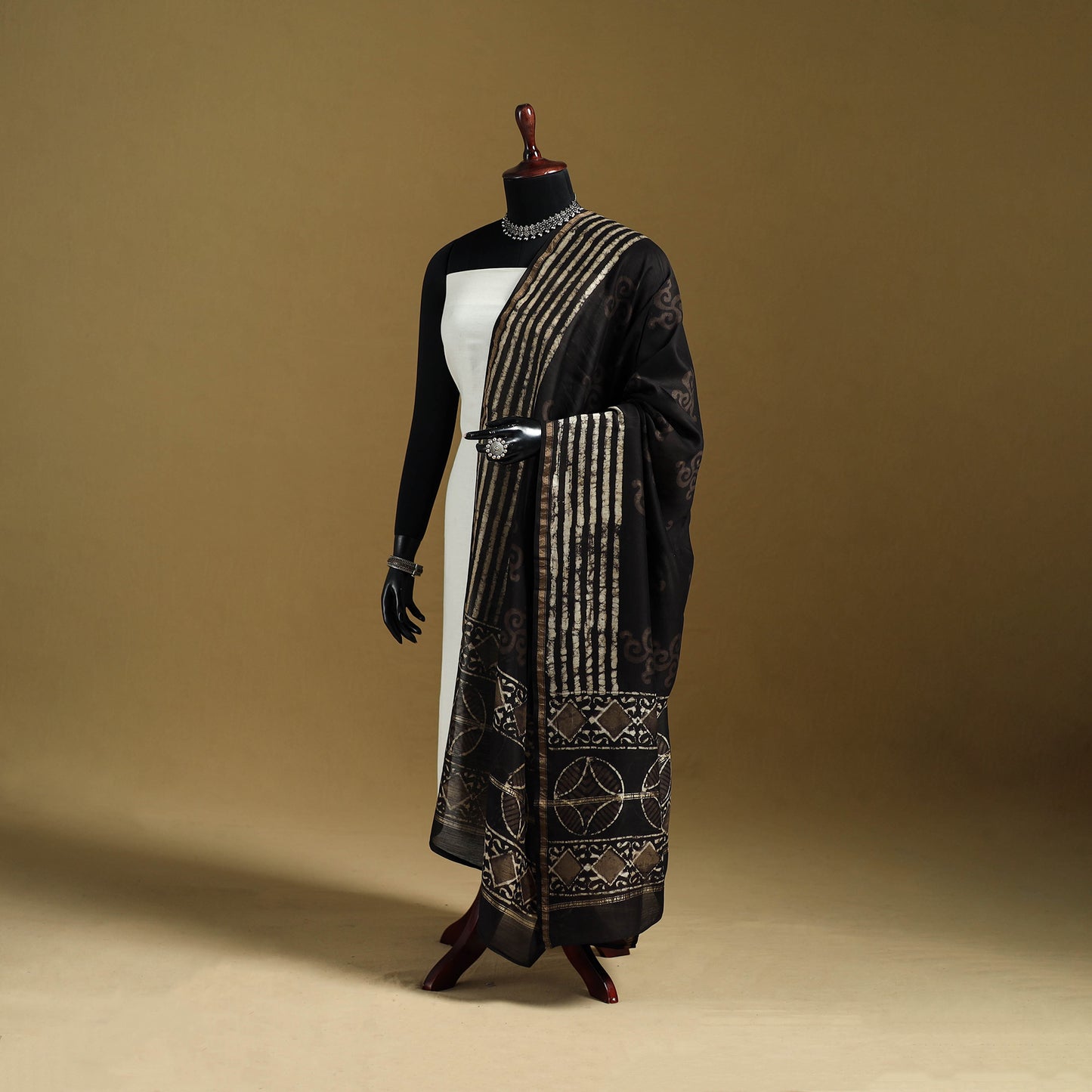 Black - Pipad Hand Block Print Natural Dyed Chanderi Silk Handloom Dupatta 04