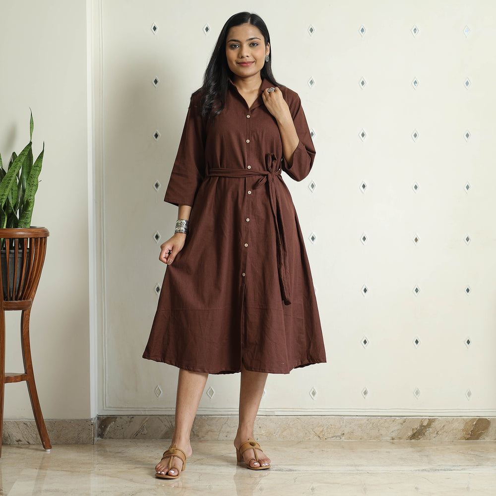 Brown - Plain Flex Cotton Collared Neck Buttoned Down Dress