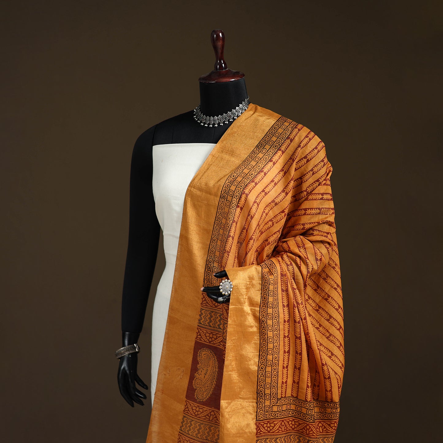 Bagh Hand Block Print Natural Dyed Tissue Zari Chanderi Silk Dupatta 11