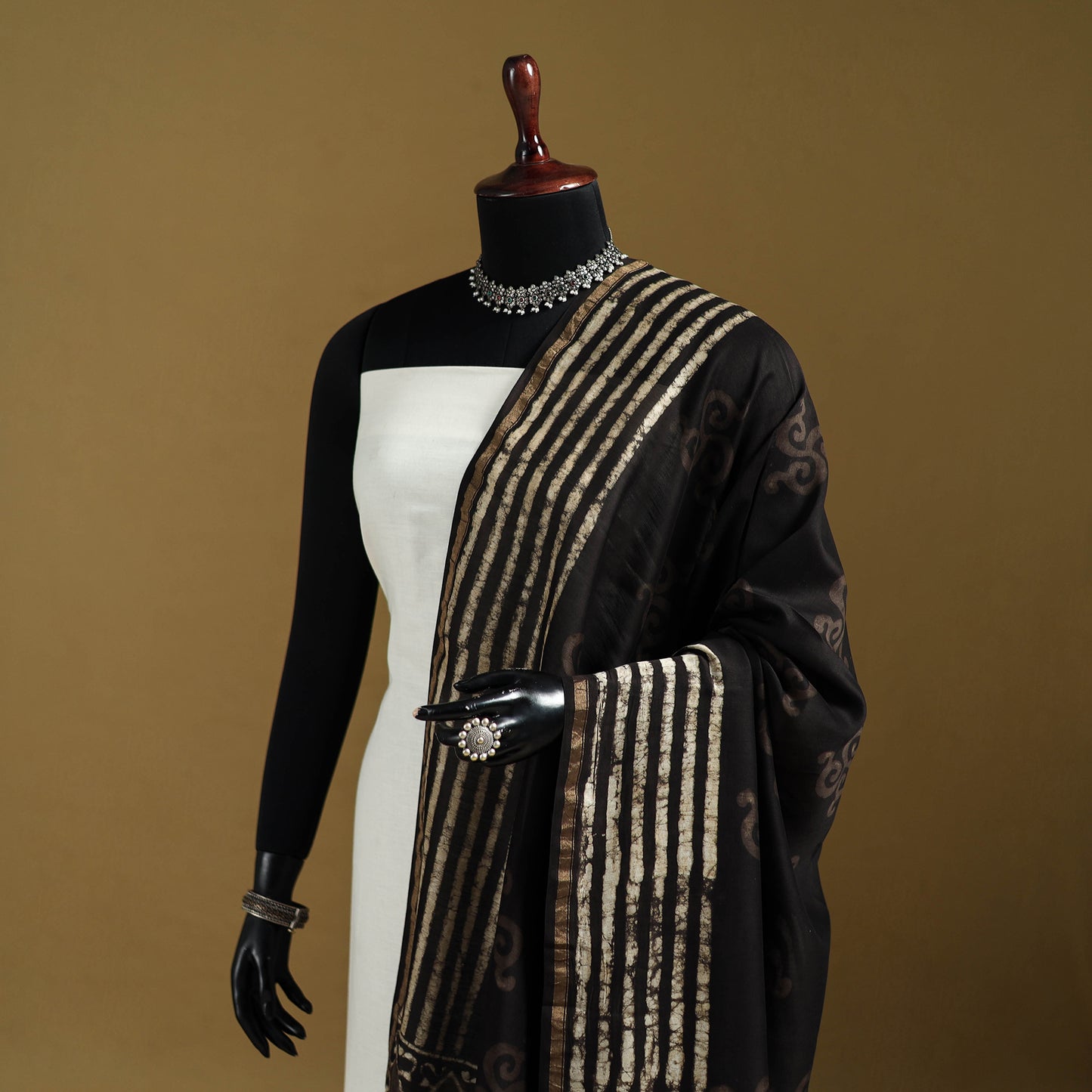 Black - Pipad Hand Block Print Natural Dyed Chanderi Silk Handloom Dupatta 04