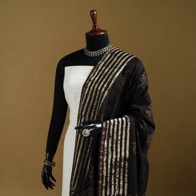 Black - Pipad Hand Block Print Natural Dyed Chanderi Silk Handloom Dupatta 04