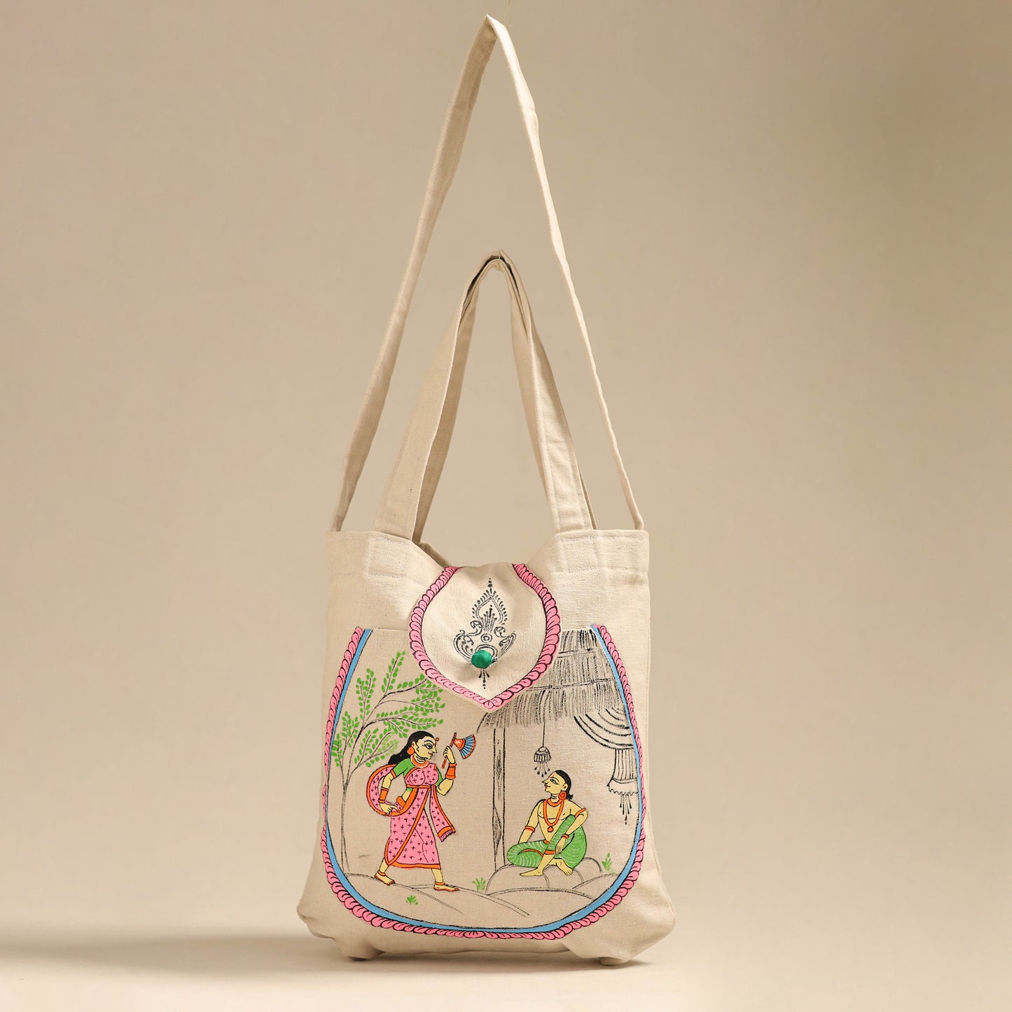 Beige - Pattachitra Handpainted Shoulder Bag from Odisha 28