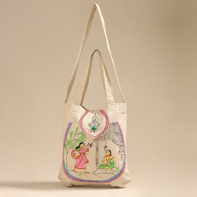 Beige - Pattachitra Handpainted Shoulder Bag from Odisha 28