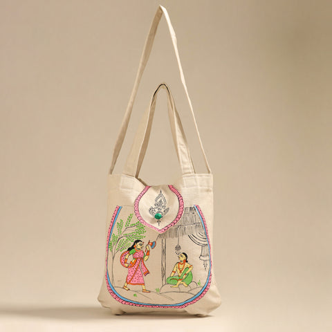 Beige - Pattachitra Handpainted Shoulder Bag from Odisha 28